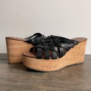 Sam Edelman Devon Wedge  Leather Sandal Black 7.5